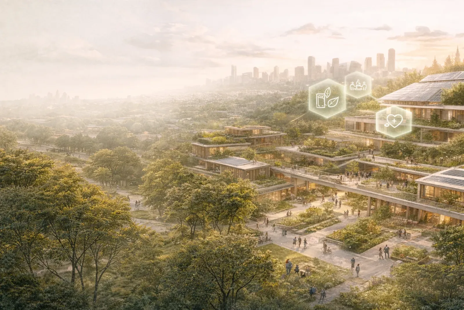 Sustainable community visualization with green architecture and people